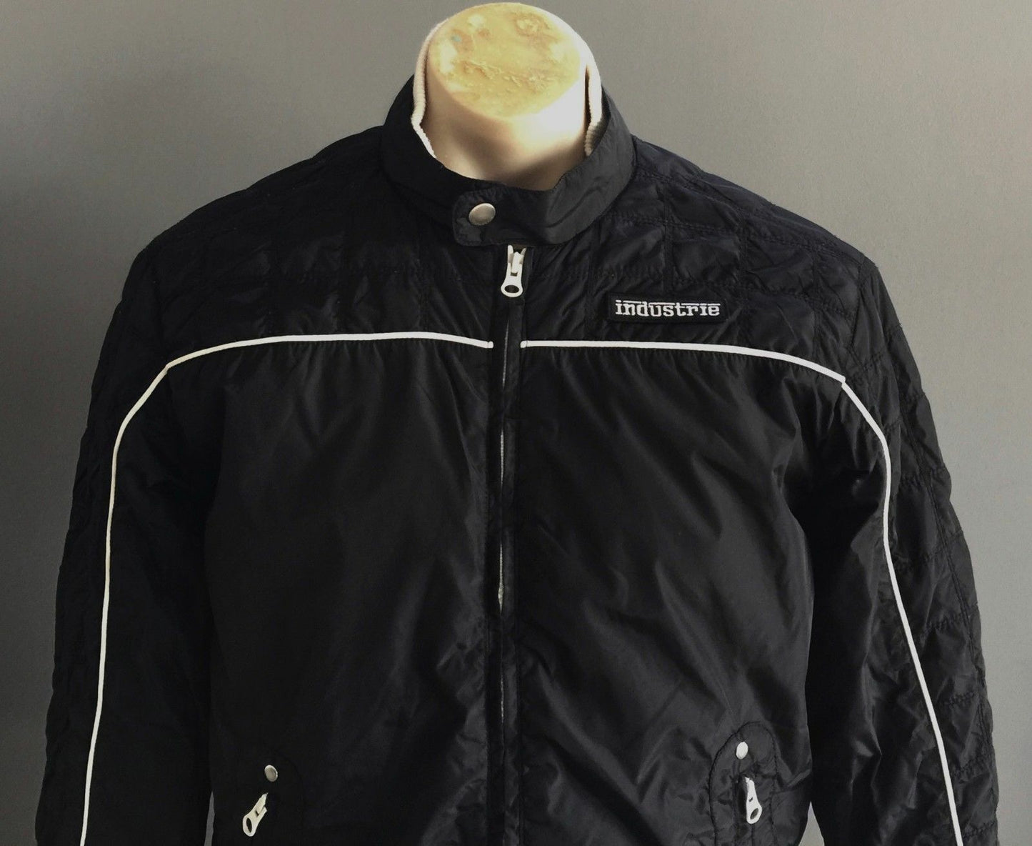 Mens INDUSTRIE Quilted  Bomber Jacket Black & Cream Trim  Size M