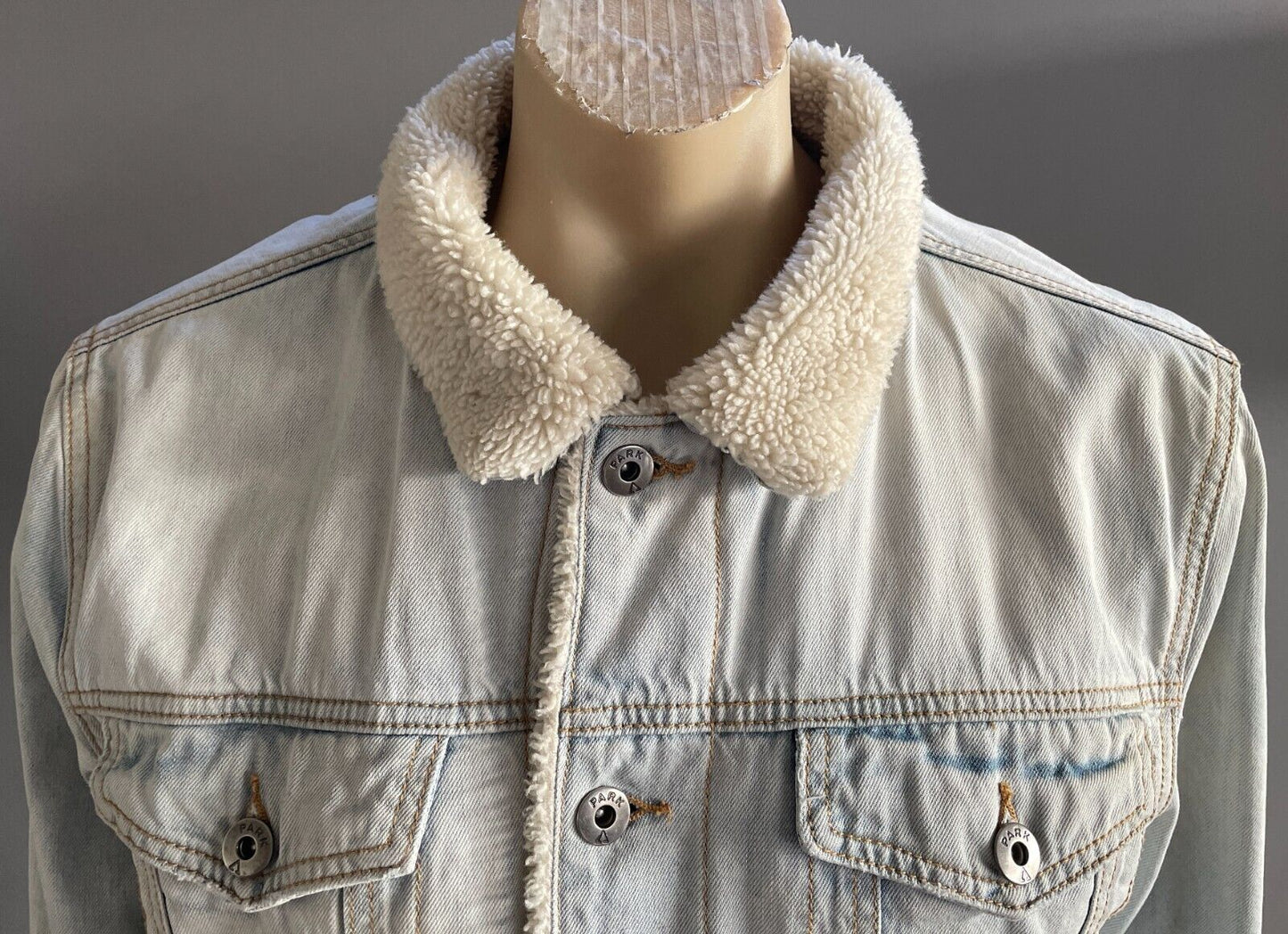 Mens Denim Jacket PARK Sherpa Faded Blue Lined Long Sleeve Size L Super Warm