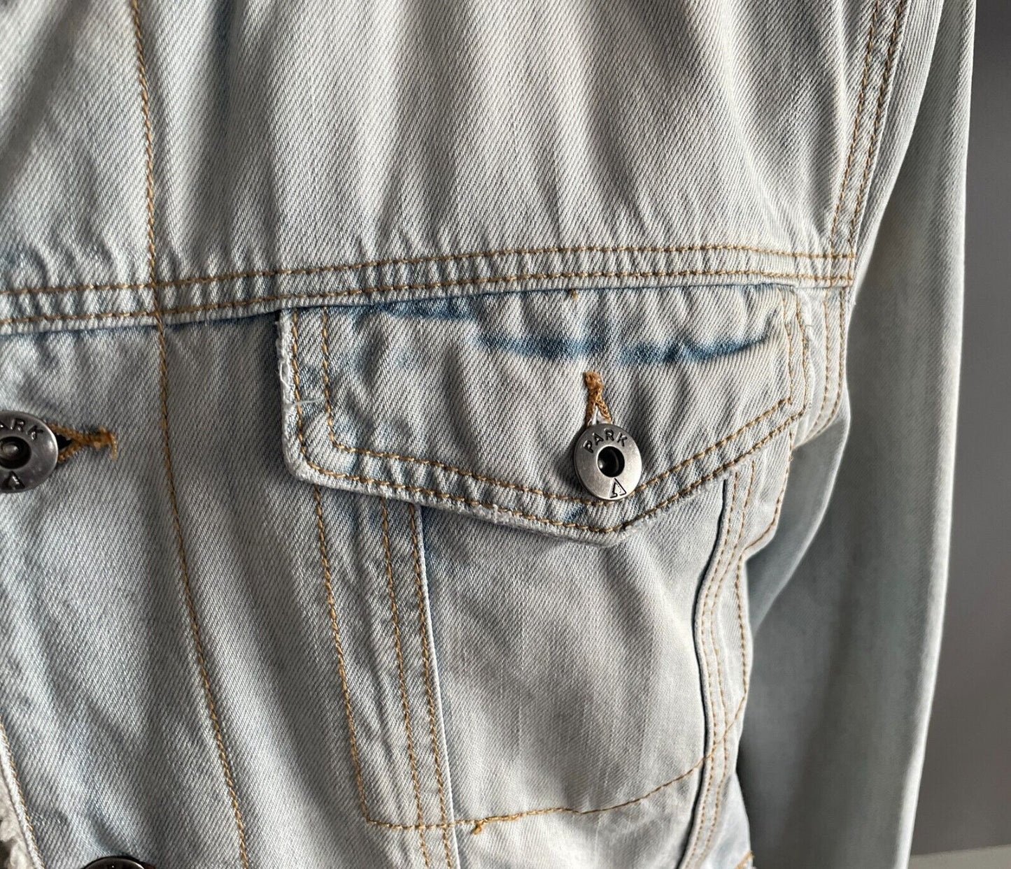 Mens Denim Jacket PARK Sherpa Faded Blue Lined Long Sleeve Size L Super Warm