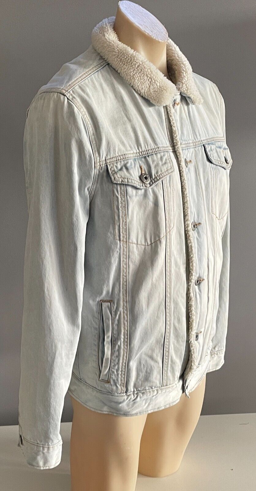 Mens Denim Jacket PARK Sherpa Faded Blue Lined Long Sleeve Size L Super Warm