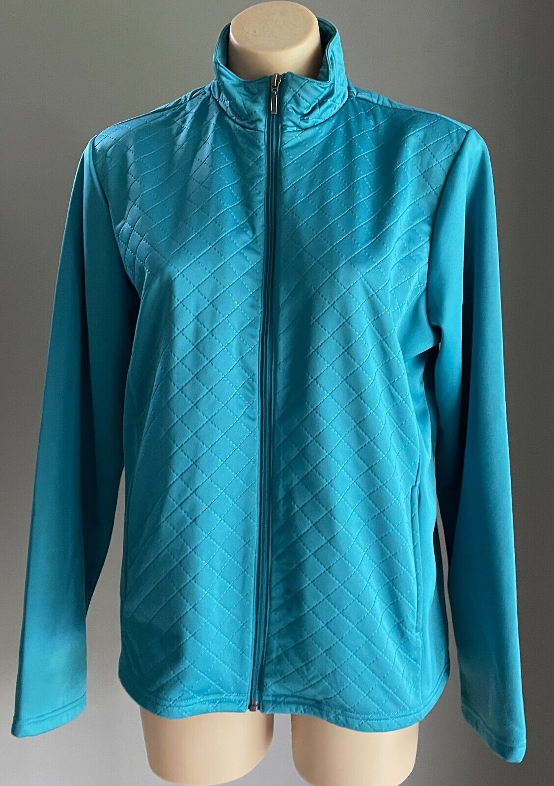 SPORTE LEISURE Quilted Jacket Aqua High Collar Zip Through Long Sleeve Sz 14 Gym