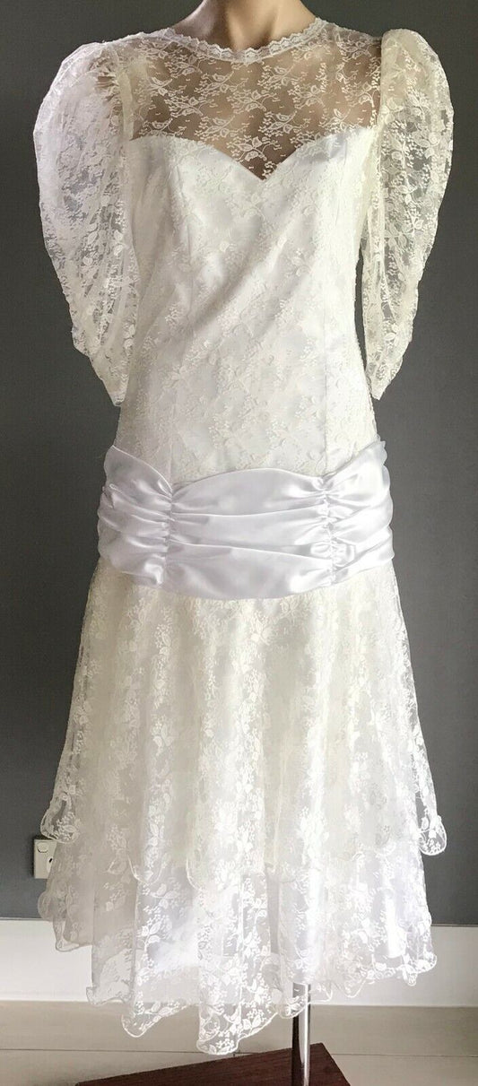 MICHELLE R Wedding Dress Off White Lace Lined Drop Waist  Sz 10 Vintage 1980s
