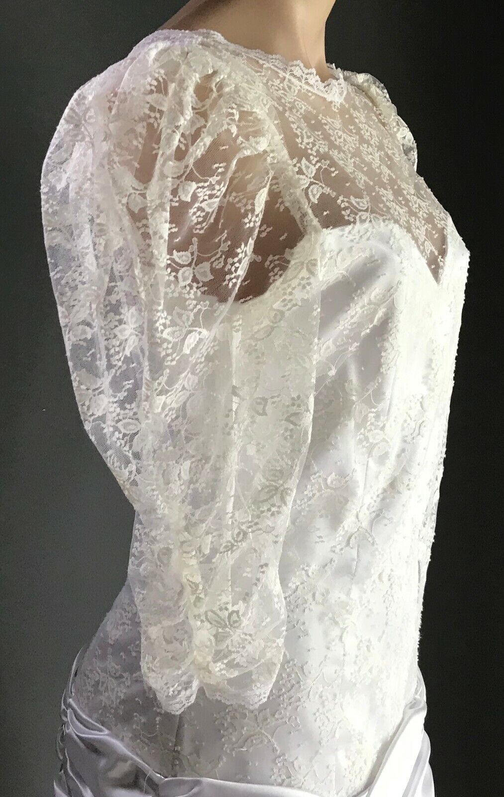 MICHELLE R Wedding Dress Off White Lace Lined Drop Waist  Sz 10 Vintage 1980s