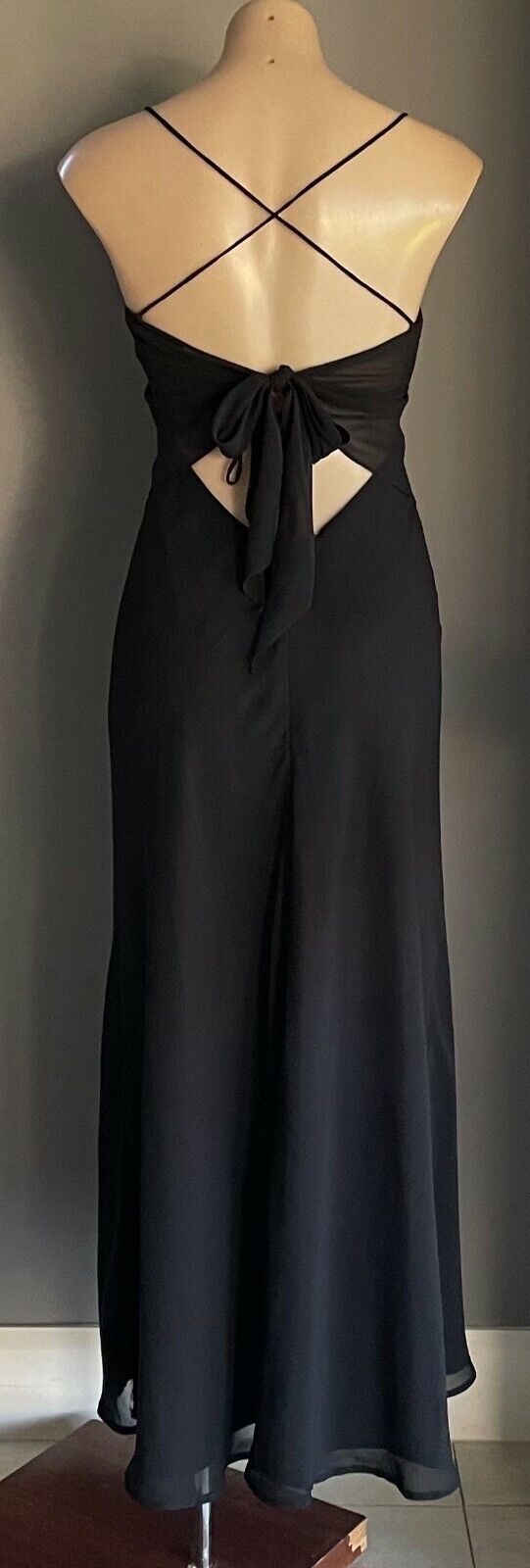 AURELIE Mermaid Maxi GOWN Black Strappy Criss Cross Tie Back Dress Sz 10 Vintage