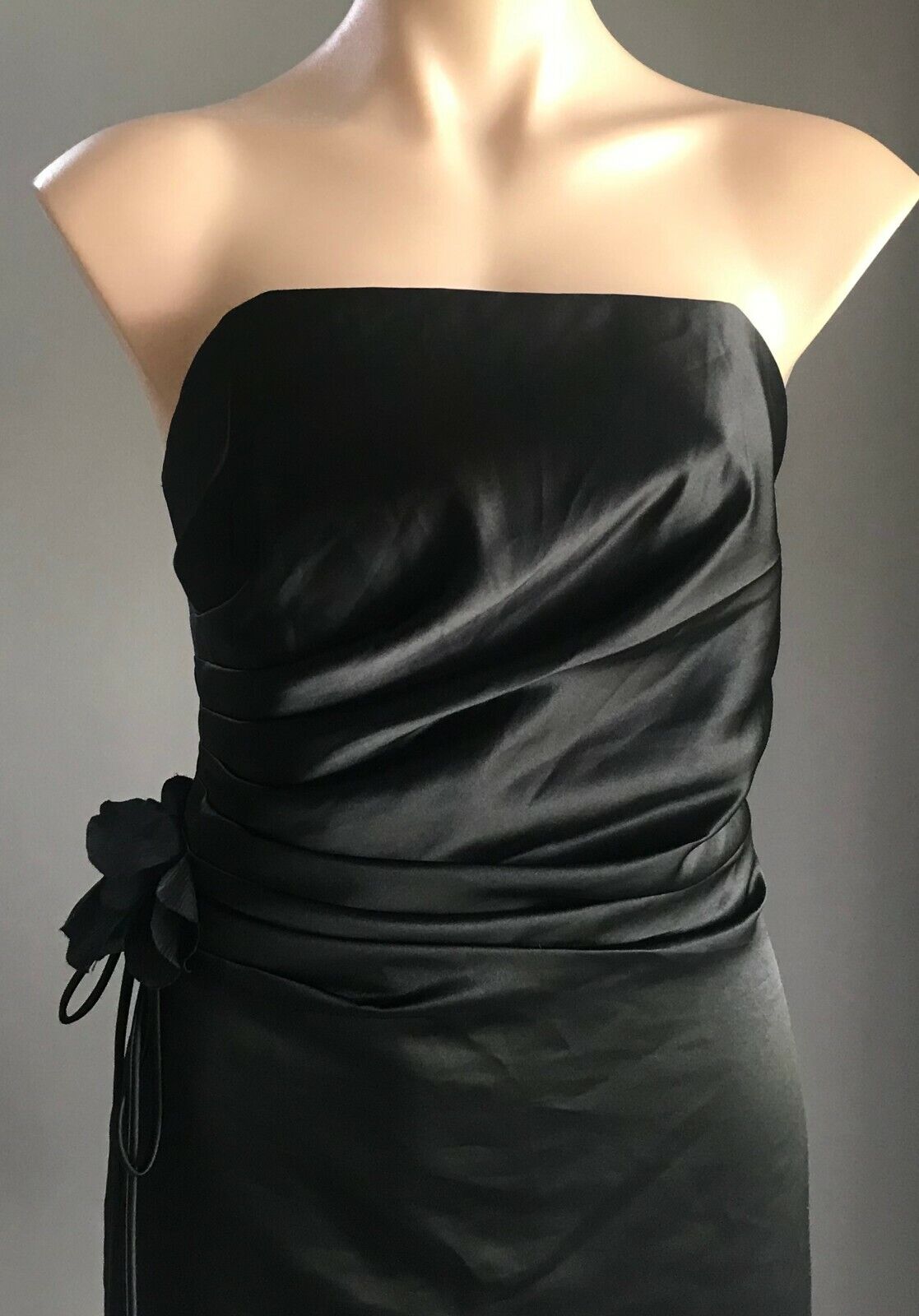 MR K Sheath Dress Strapless Black Satin Floral Trim Frock Party Formal Size 14