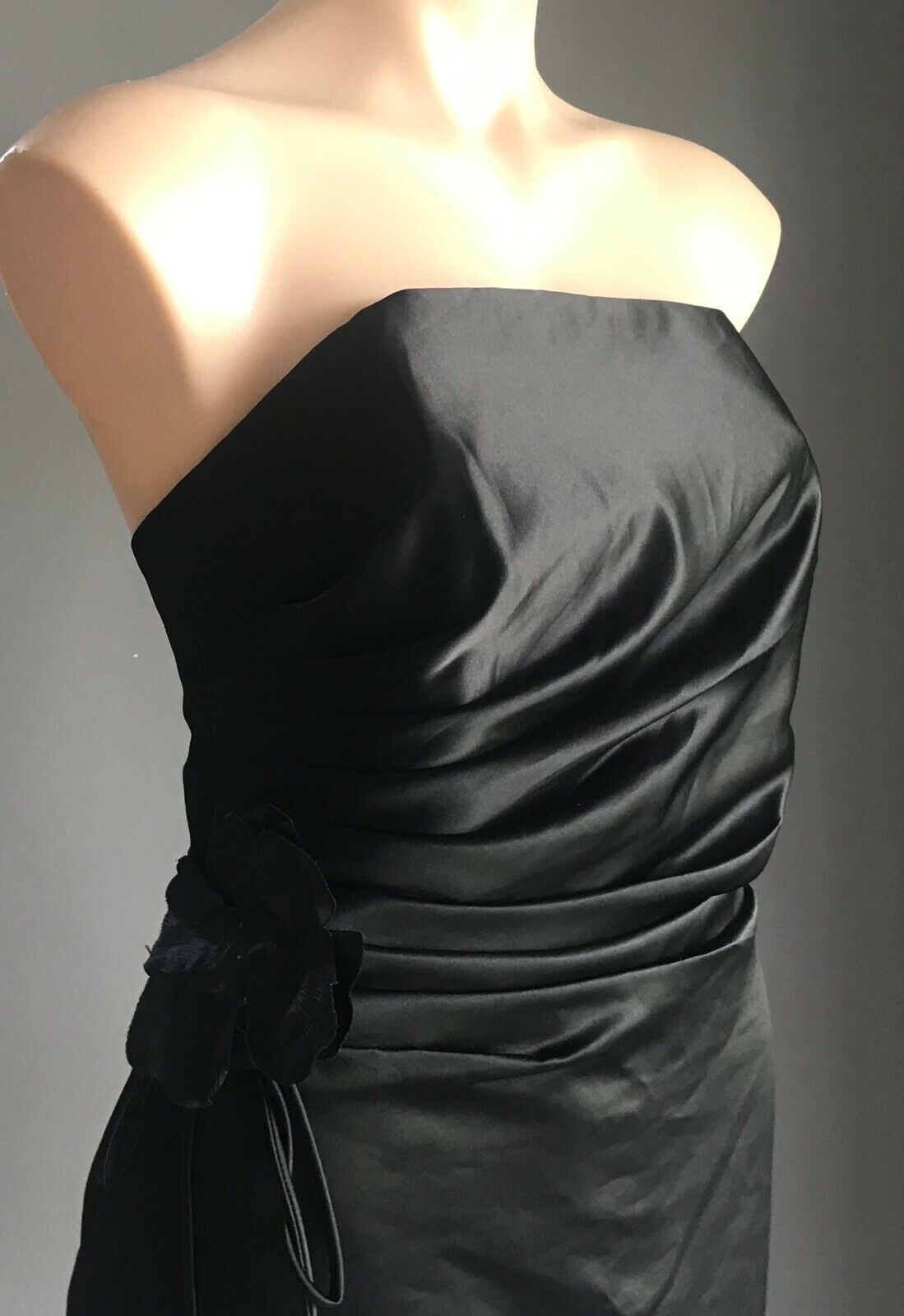 MR K Sheath Dress Strapless Black Satin Floral Trim Frock Party Formal Size 14