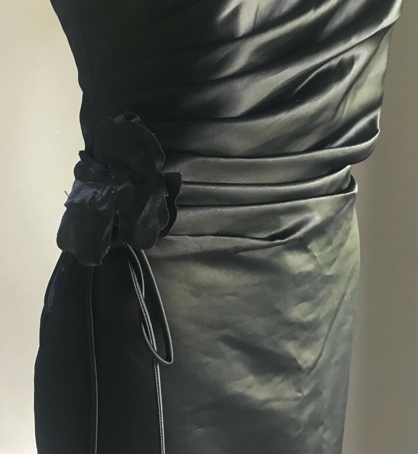 MR K Sheath Dress Strapless Black Satin Floral Trim Frock Party Formal Size 14