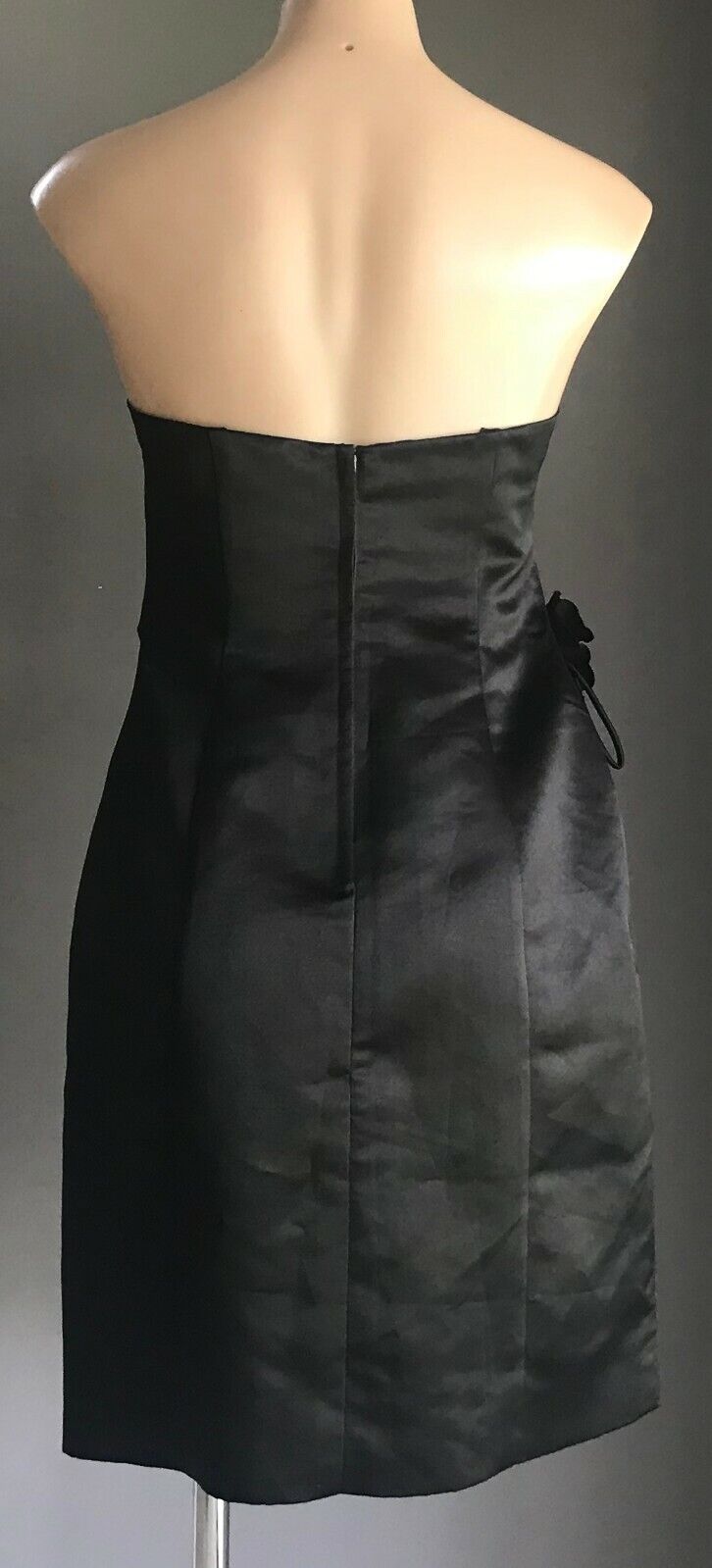 MR K Sheath Dress Strapless Black Satin Floral Trim Frock Party Formal Size 14