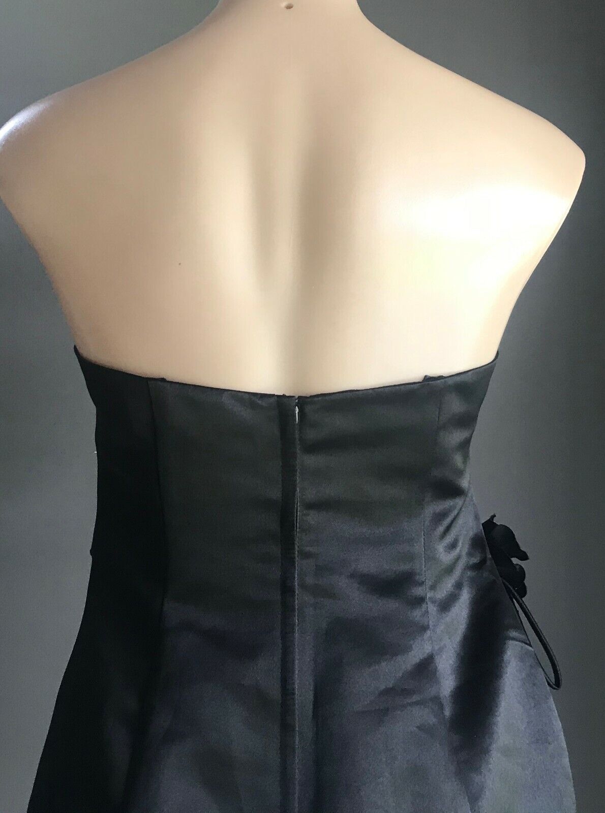 MR K Sheath Dress Strapless Black Satin Floral Trim Frock Party Formal Size 14