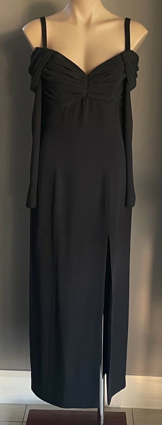 MR K Gown Black Drape Bodice Cold Shoulder Long Sleeve Slit Front Sz 10 Vintage
