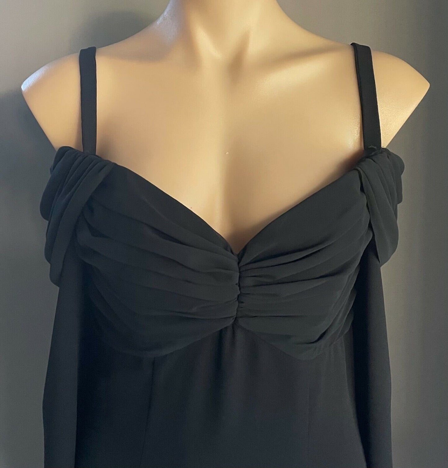 MR K Gown Black Drape Bodice Cold Shoulder Long Sleeve Slit Front Sz 10 Vintage