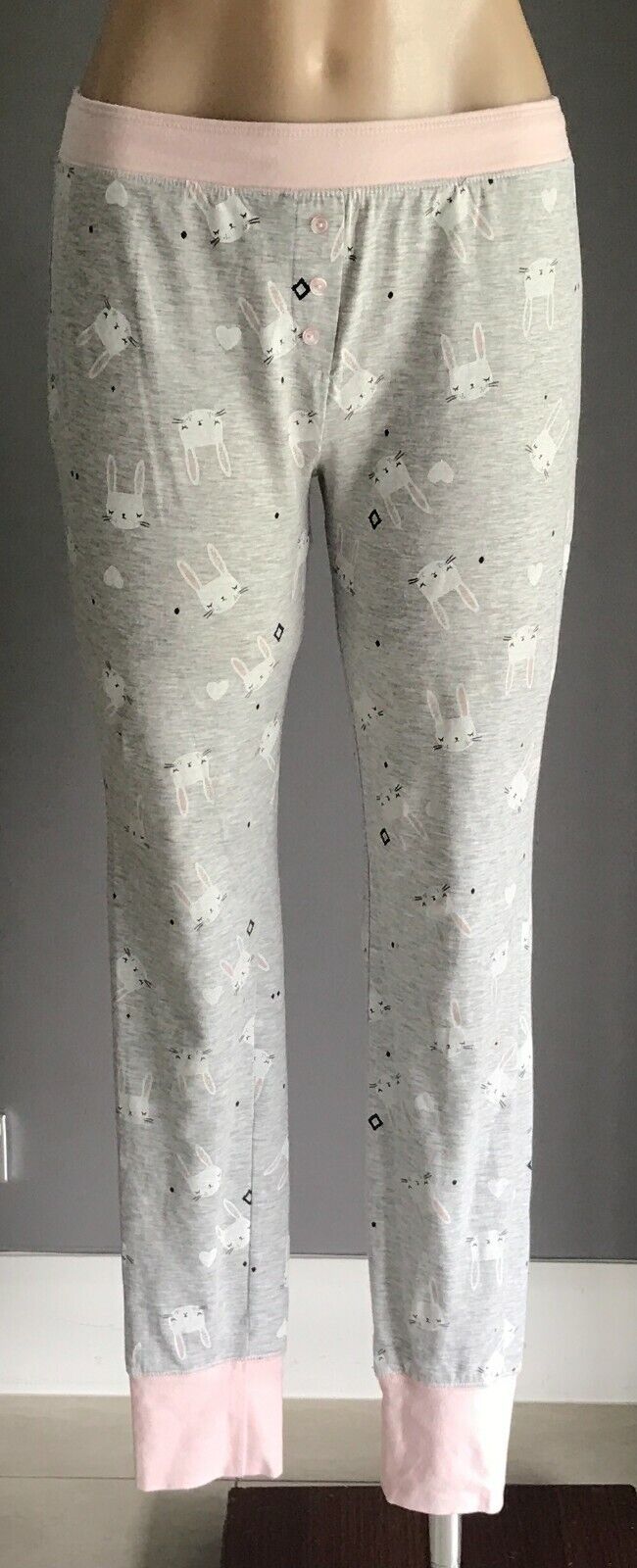 CLOTHING & CO Pyjama Pants Grey Pink White Bunny Elastic Waist Sleep PJs 10  12