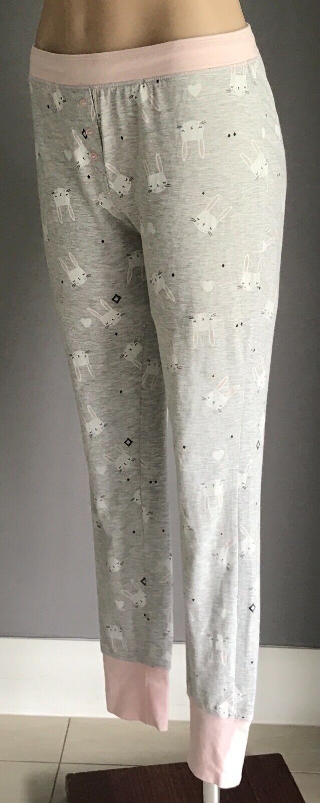 CLOTHING & CO Pyjama Pants Grey Pink White Bunny Elastic Waist Sleep PJs 10  12