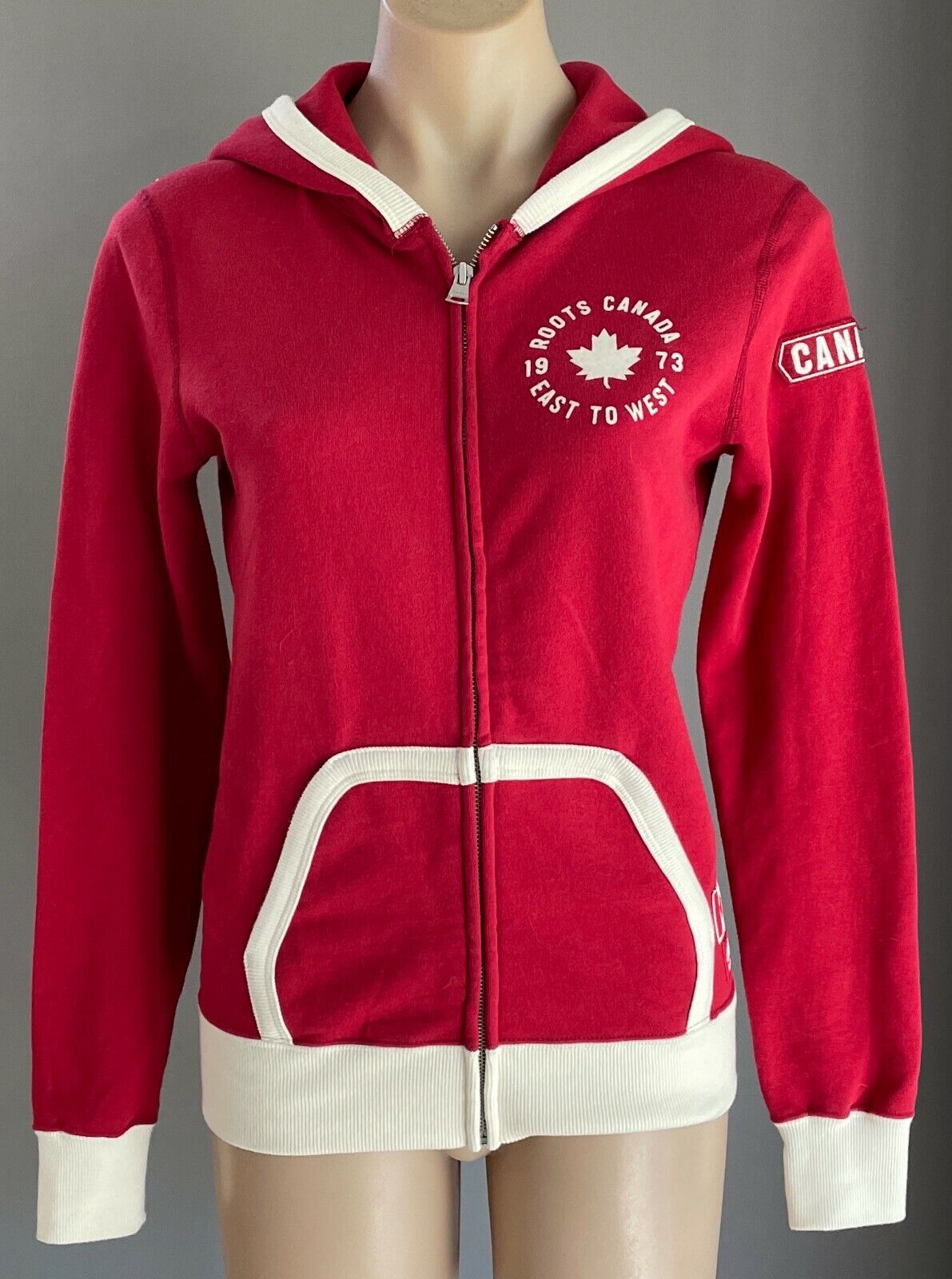 ROOTS CANADA 1973 Hooded Jacket Red White Trim Long Sleeve Zip Jersey Sz XXS 10