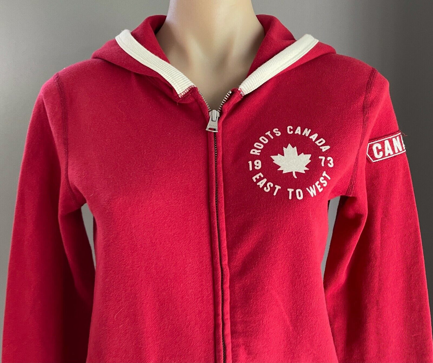 ROOTS CANADA 1973 Hooded Jacket Red White Trim Long Sleeve Zip Jersey Sz XXS 10