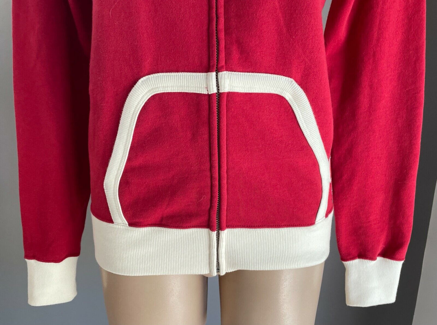 ROOTS CANADA 1973 Hooded Jacket Red White Trim Long Sleeve Zip Jersey Sz XXS 10