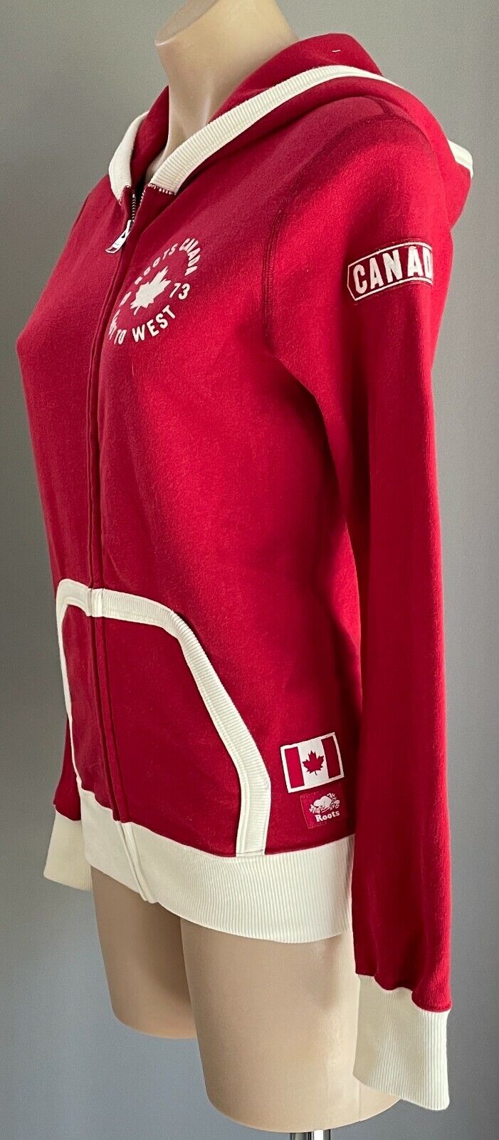 ROOTS CANADA 1973 Hooded Jacket Red White Trim Long Sleeve Zip Jersey Sz XXS 10