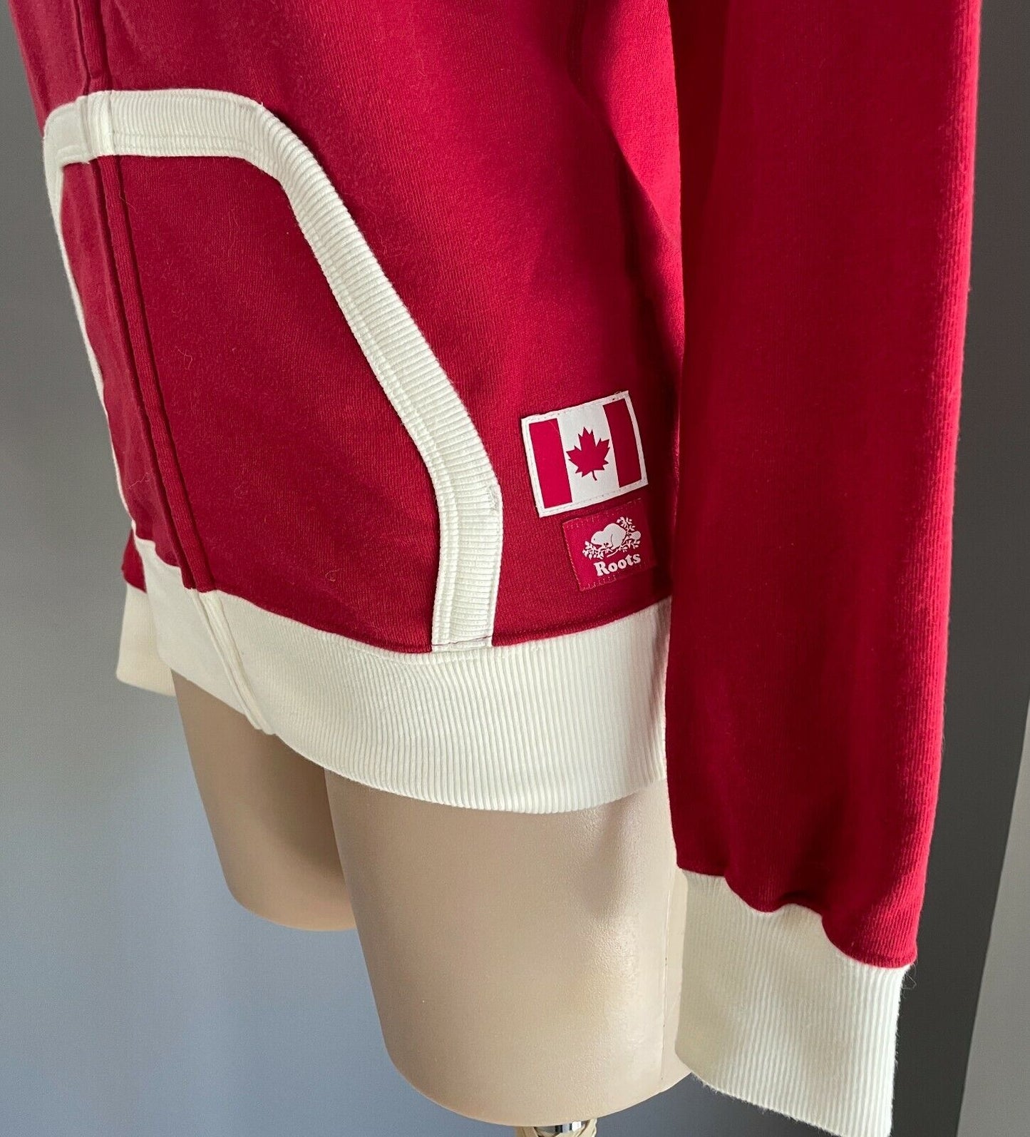 ROOTS CANADA 1973 Hooded Jacket Red White Trim Long Sleeve Zip Jersey Sz XXS 10