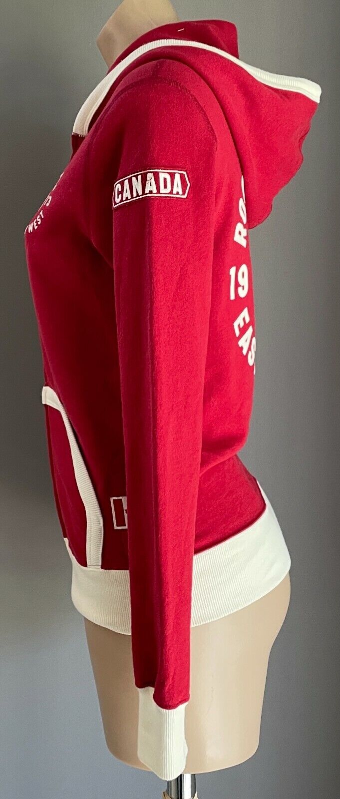 ROOTS CANADA 1973 Hooded Jacket Red White Trim Long Sleeve Zip Jersey Sz XXS 10
