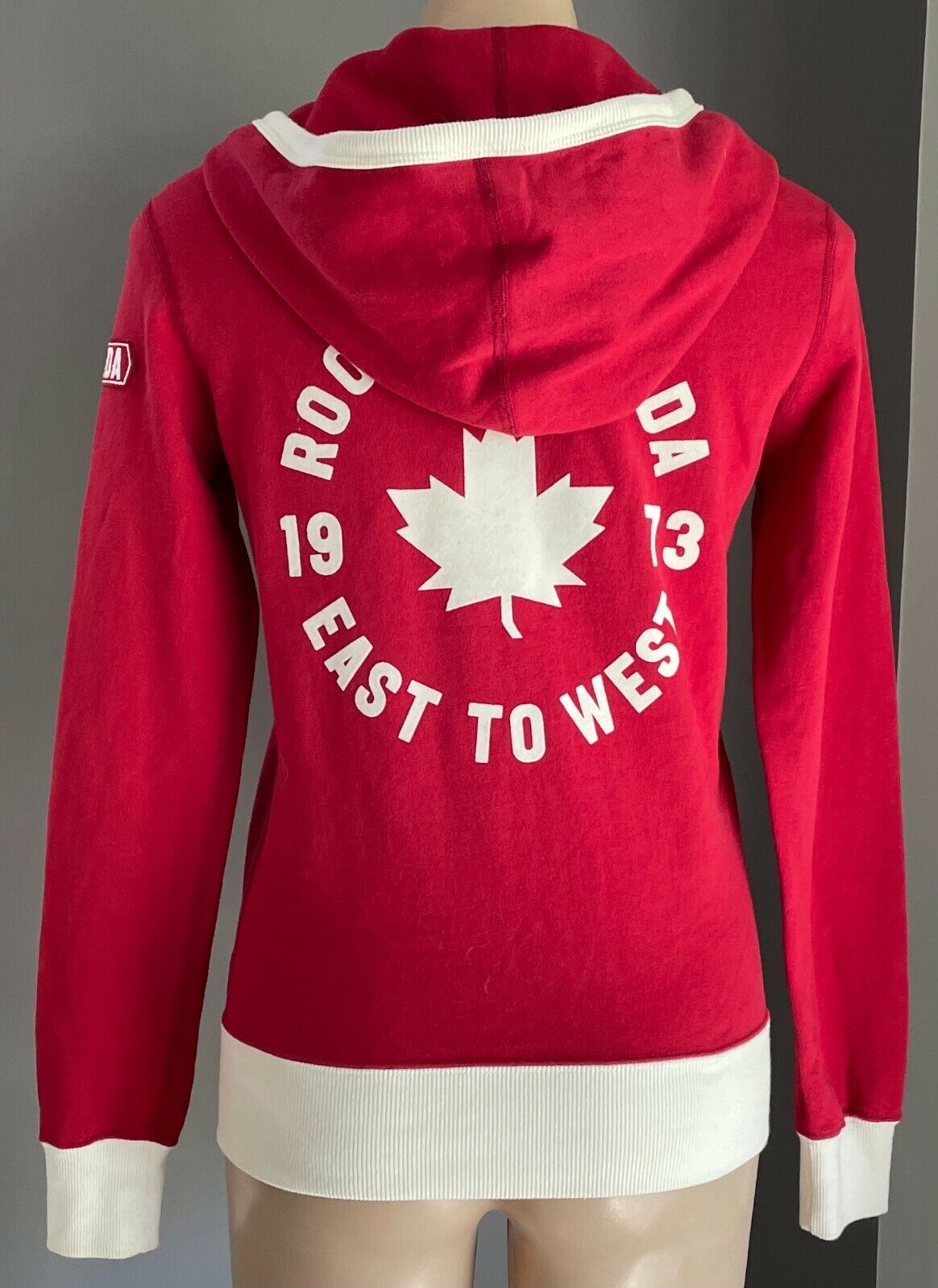 ROOTS CANADA 1973 Hooded Jacket Red White Trim Long Sleeve Zip Jersey Sz XXS 10