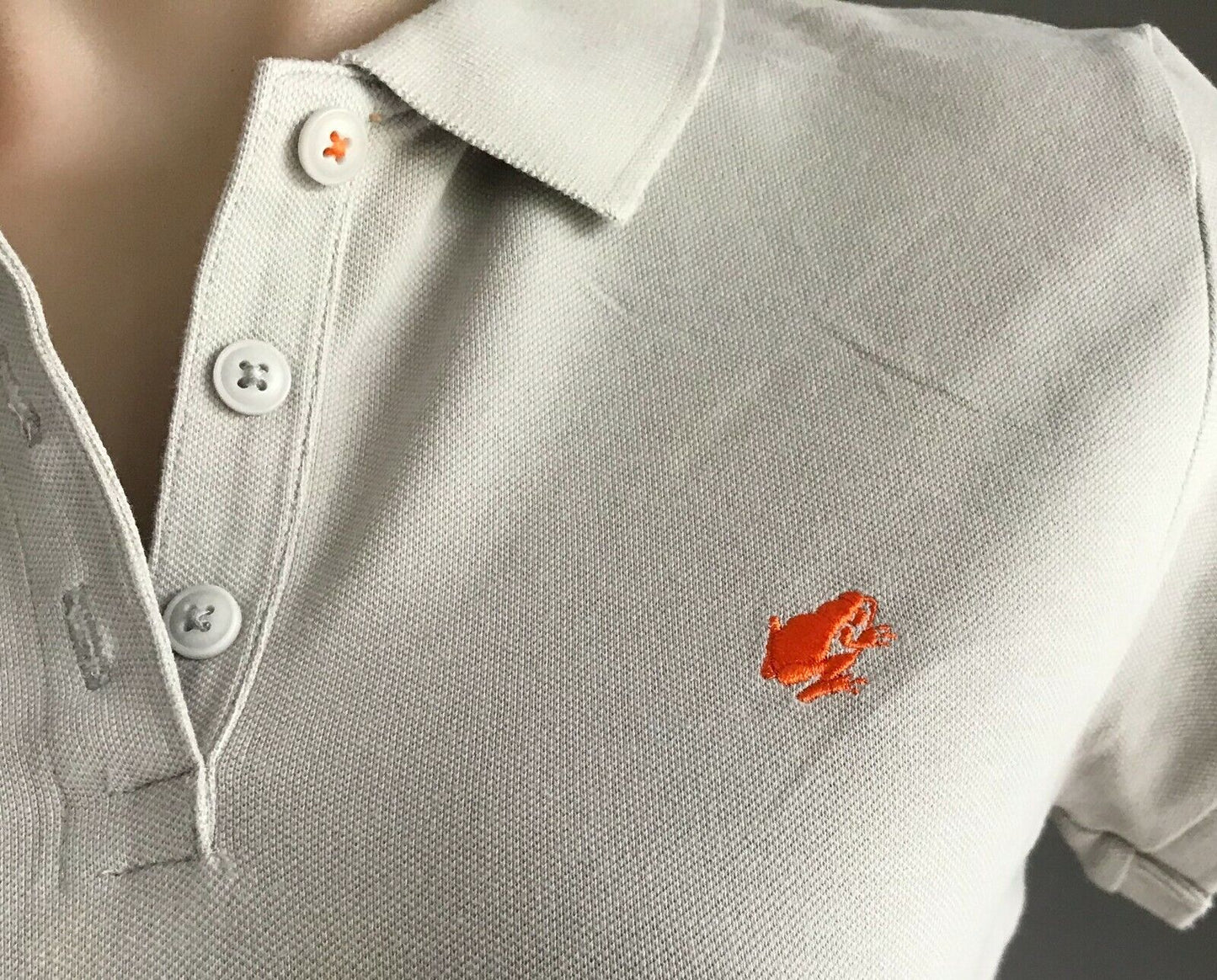 GIORDANO Frog Logo Polo Shirt Taupe Short Sleeve Stretch Button Top Size L 10 12