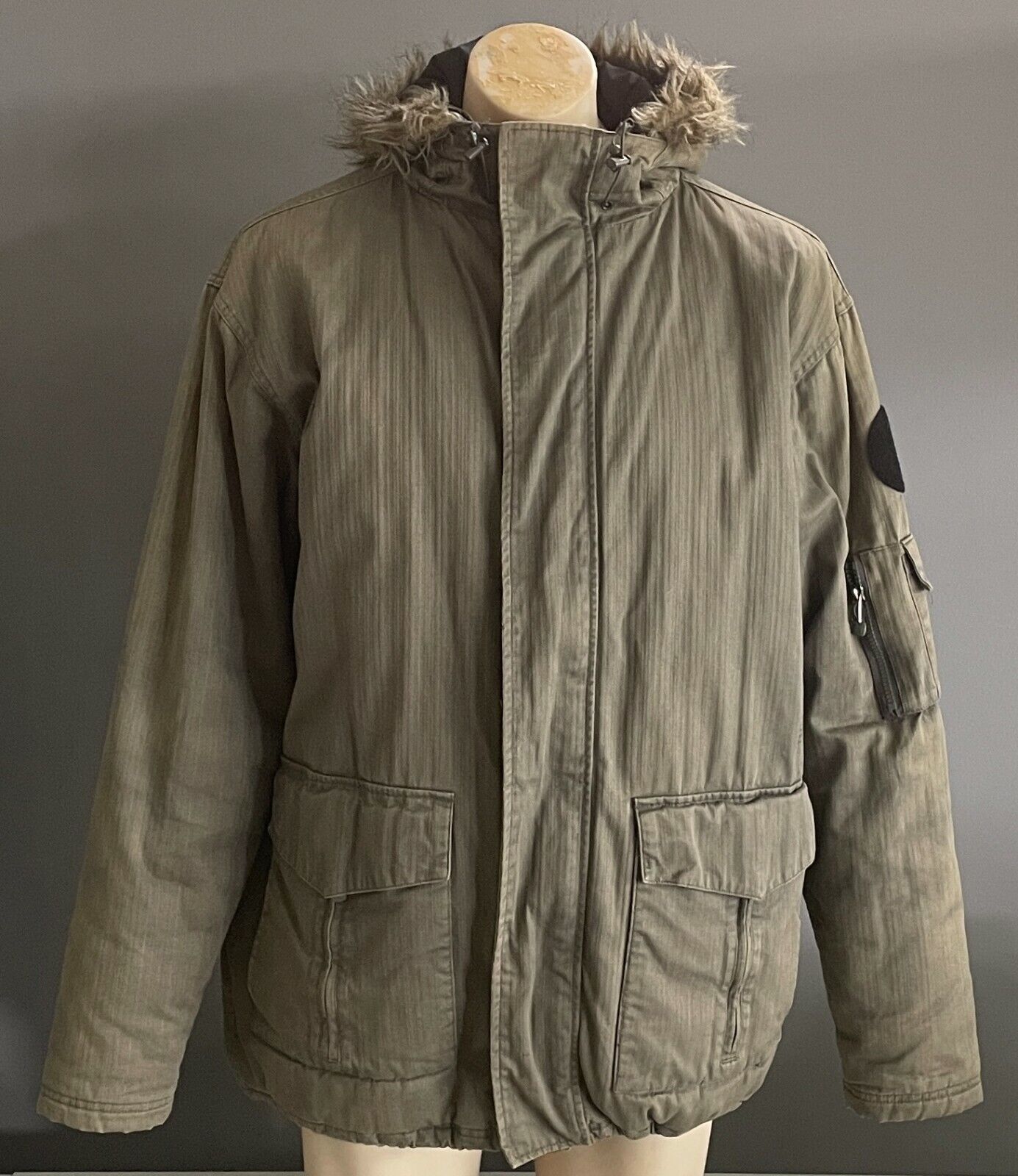 STUSSY Hooded Jacket Gear Khaki Winter Warm Fur Trim Hoodie Mens Size L Vintage