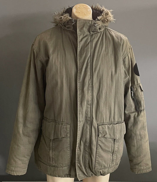 STUSSY Hooded Jacket Gear Khaki Winter Warm Fur Trim Hoodie Mens Size L Vintage