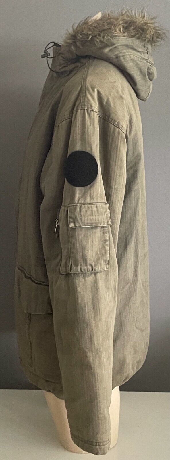 STUSSY Hooded Jacket Gear Khaki Winter Warm Fur Trim Hoodie Mens Size L Vintage