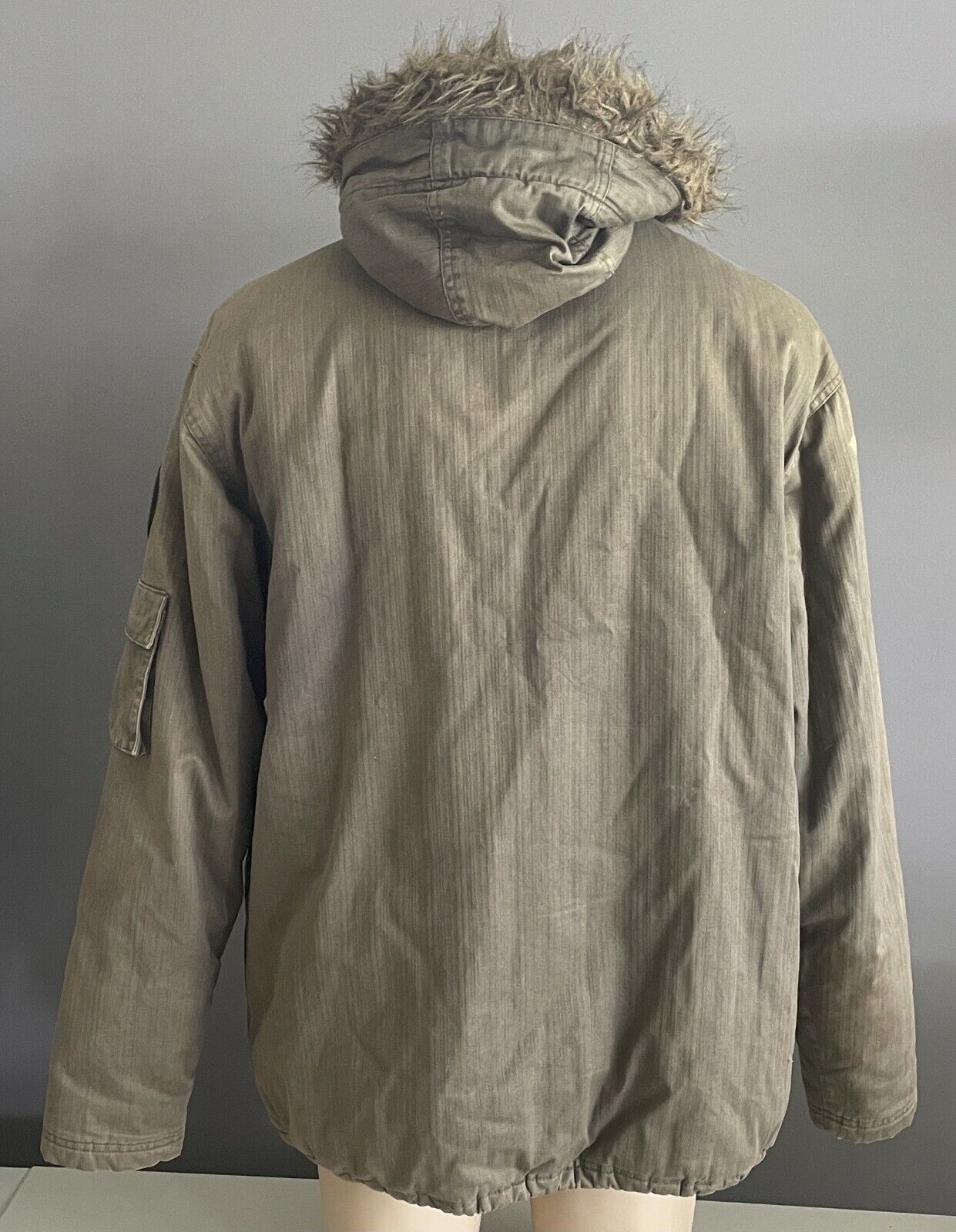 STUSSY Hooded Jacket Gear Khaki Winter Warm Fur Trim Hoodie Mens Size L Vintage