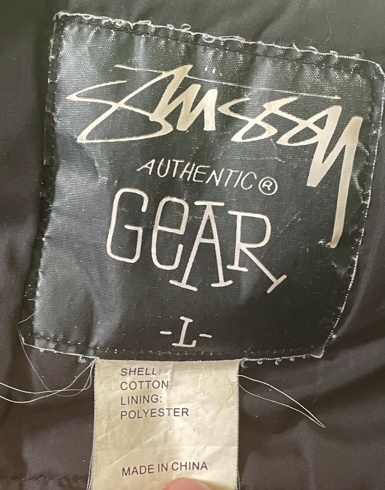 STUSSY Hooded Jacket Gear Khaki Winter Warm Fur Trim Hoodie Mens Size L Vintage