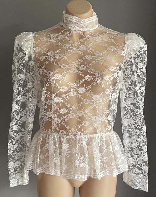 Handmade White Lace High Neck Long Sleeve Blouse Semi Sheer Top Sz 10 Peplum