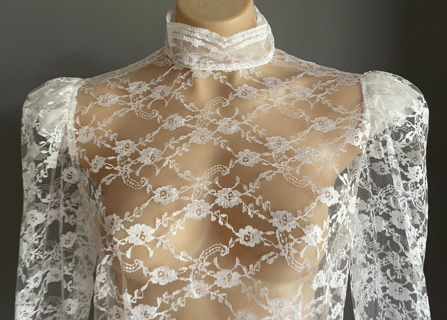 Handmade White Lace High Neck Long Sleeve Blouse Semi Sheer Top Sz 10 Peplum