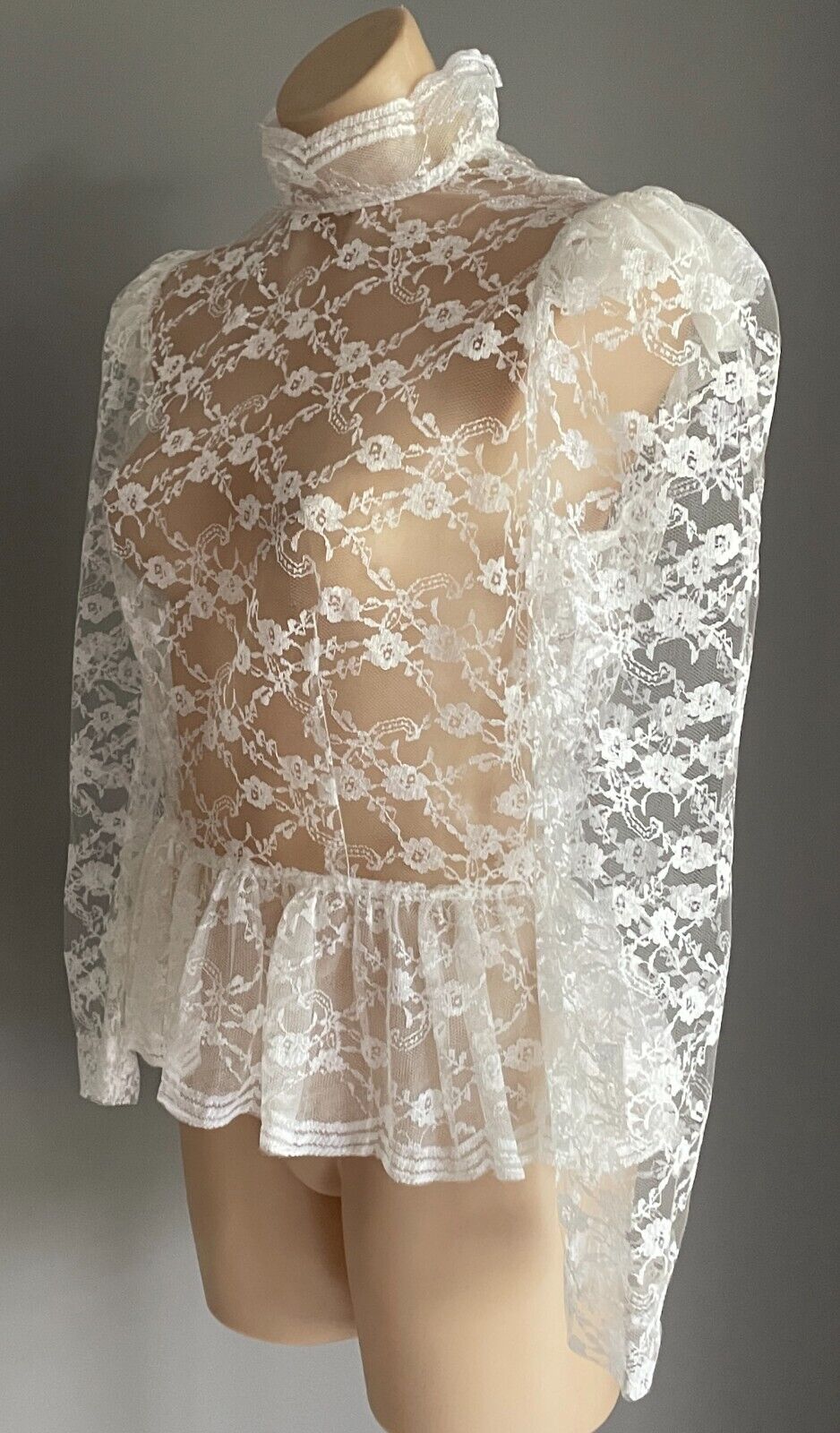 Handmade White Lace High Neck Long Sleeve Blouse Semi Sheer Top Sz 10 Peplum