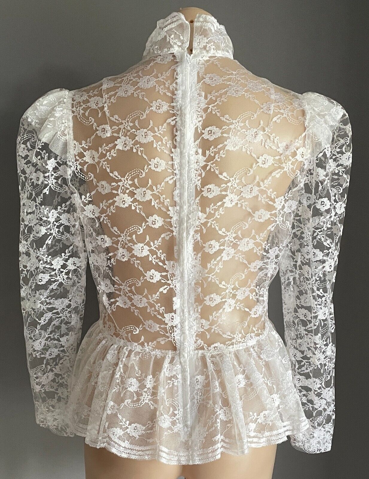 Handmade White Lace High Neck Long Sleeve Blouse Semi Sheer Top Sz 10 Peplum