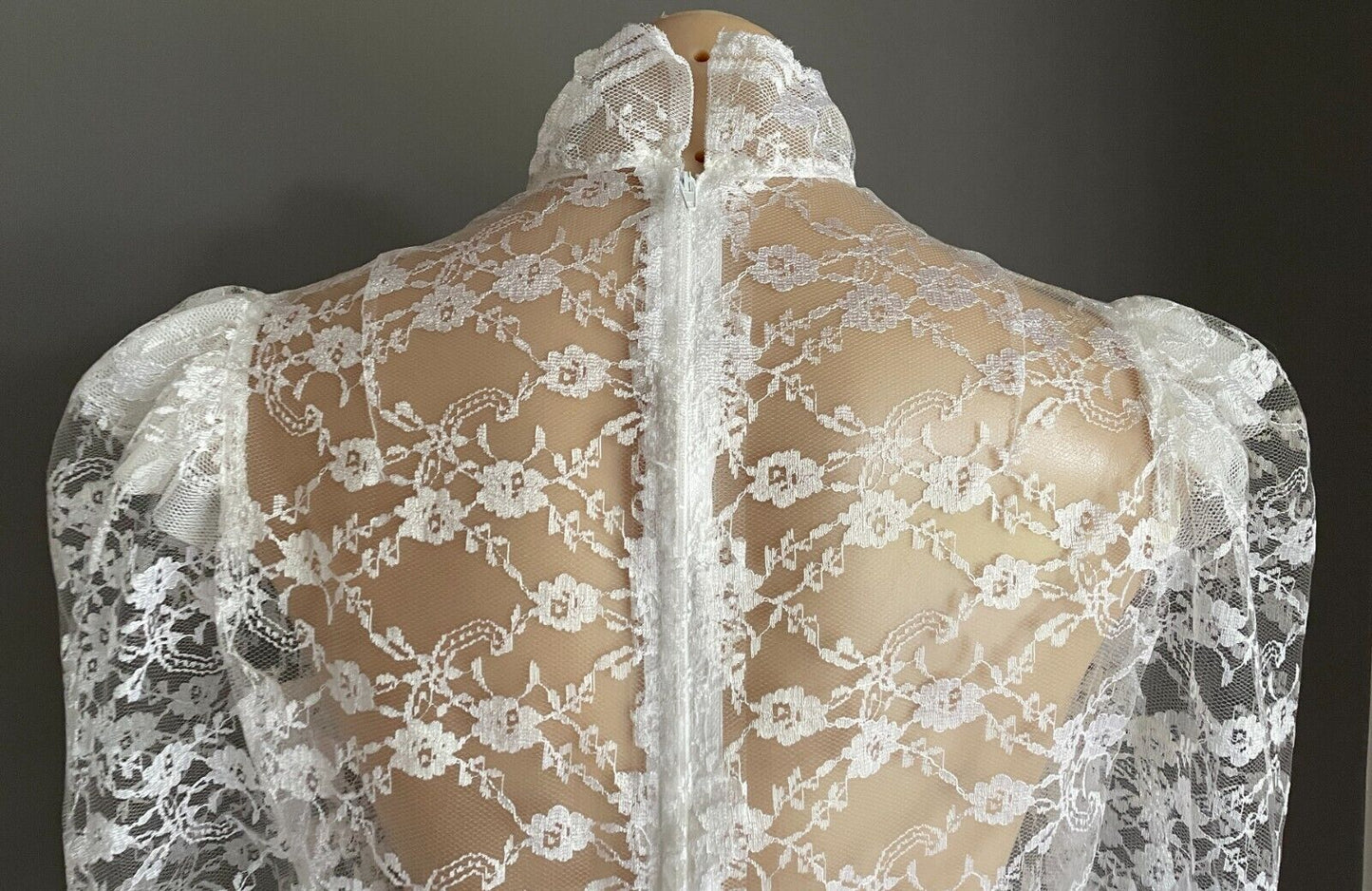 Handmade White Lace High Neck Long Sleeve Blouse Semi Sheer Top Sz 10 Peplum