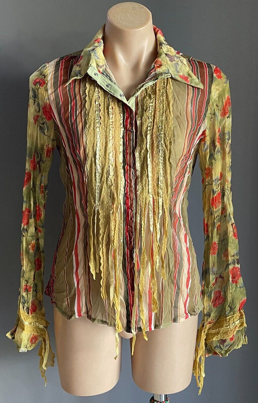 L.O.C.T Top Green Multicoloured Stripe Floral Crinkle Snap Close Shirt Size 10