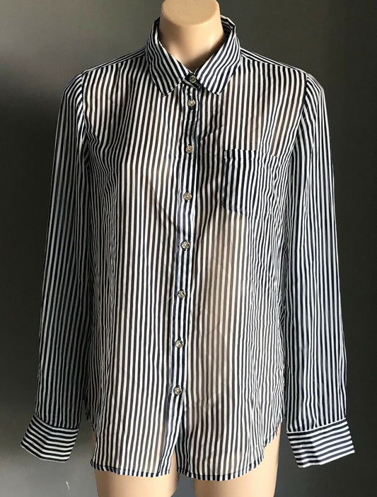 DOOLY Blouse Blue & White Stripe Semi Sheer Long Sleeve Shirt Top Ladies Size 12