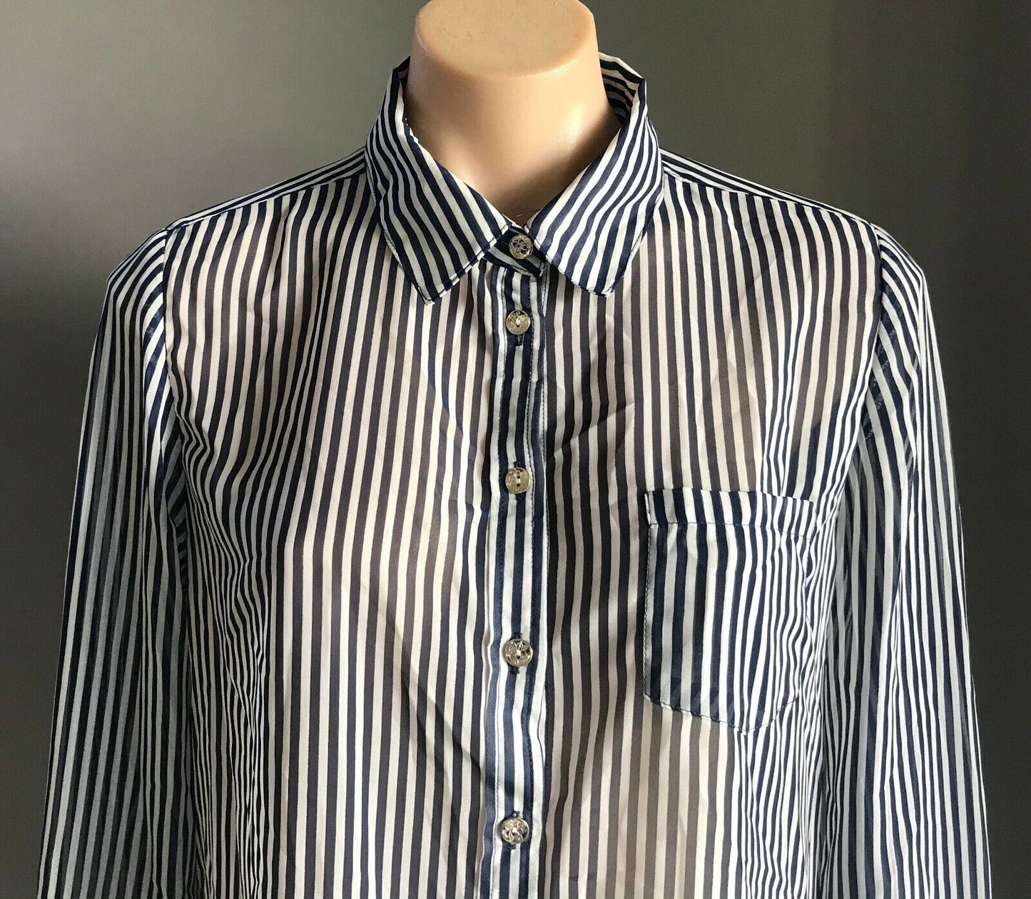 DOOLY Blouse Blue & White Stripe Semi Sheer Long Sleeve Shirt Top Ladies Size 12