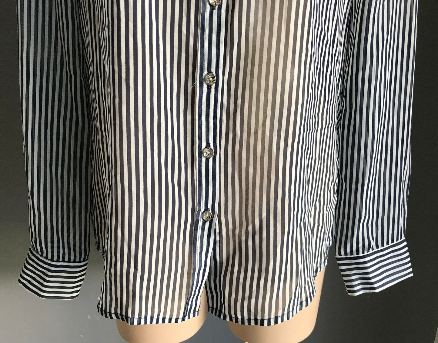 DOOLY Blouse Blue & White Stripe Semi Sheer Long Sleeve Shirt Top Ladies Size 12