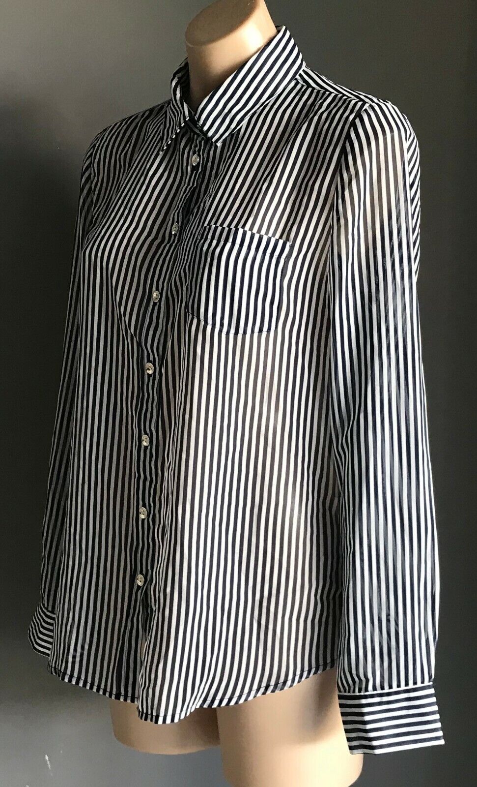 DOOLY Blouse Blue & White Stripe Semi Sheer Long Sleeve Shirt Top Ladies Size 12