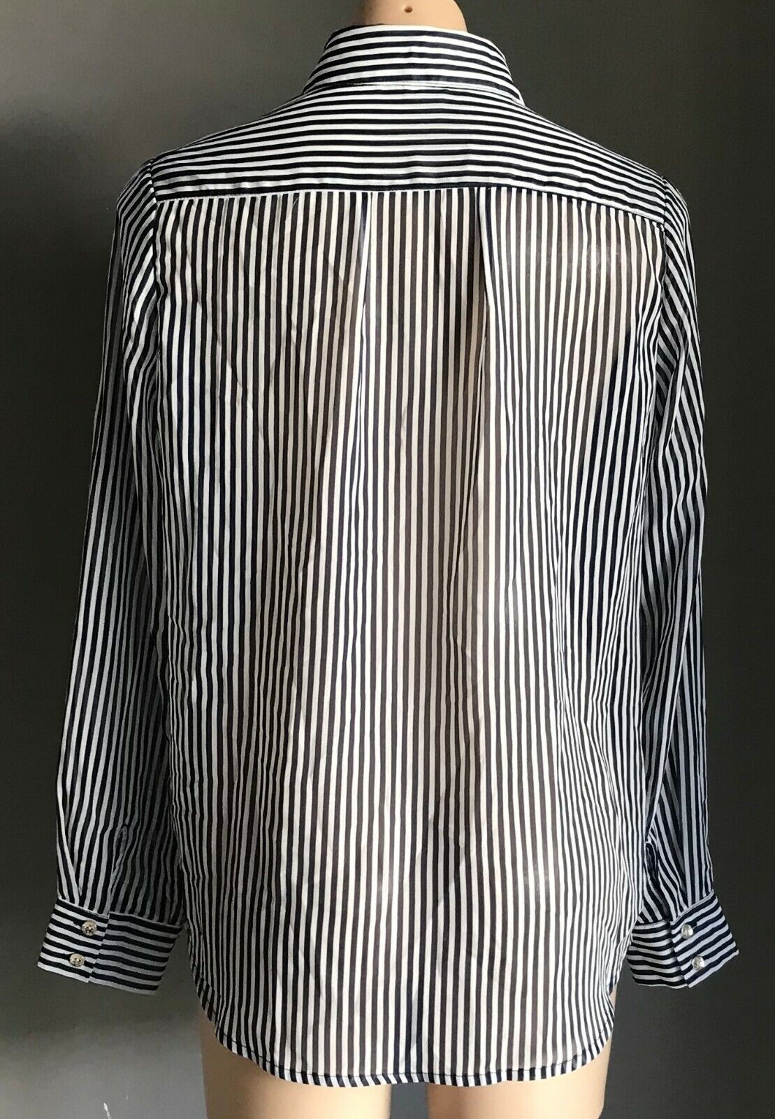DOOLY Blouse Blue & White Stripe Semi Sheer Long Sleeve Shirt Top Ladies Size 12