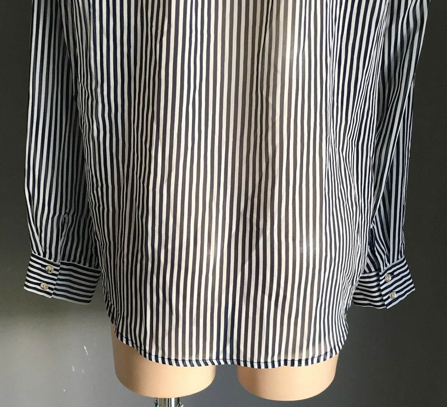 DOOLY Blouse Blue & White Stripe Semi Sheer Long Sleeve Shirt Top Ladies Size 12