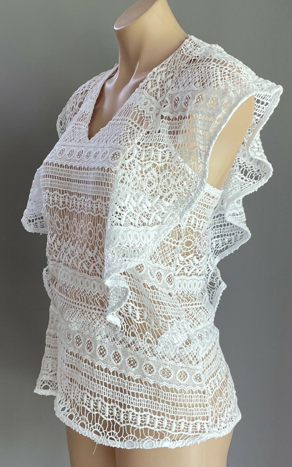 SEED HERITAGE Short Sleeve Blouse White Lace Ruffle Trim Nude Lining Top Sz 10