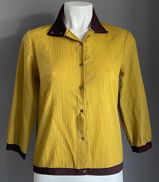 MOTE DE FEMME Mustard Brown Seersucker 3/4 Sleeve Snap Front Top 36 AU 8