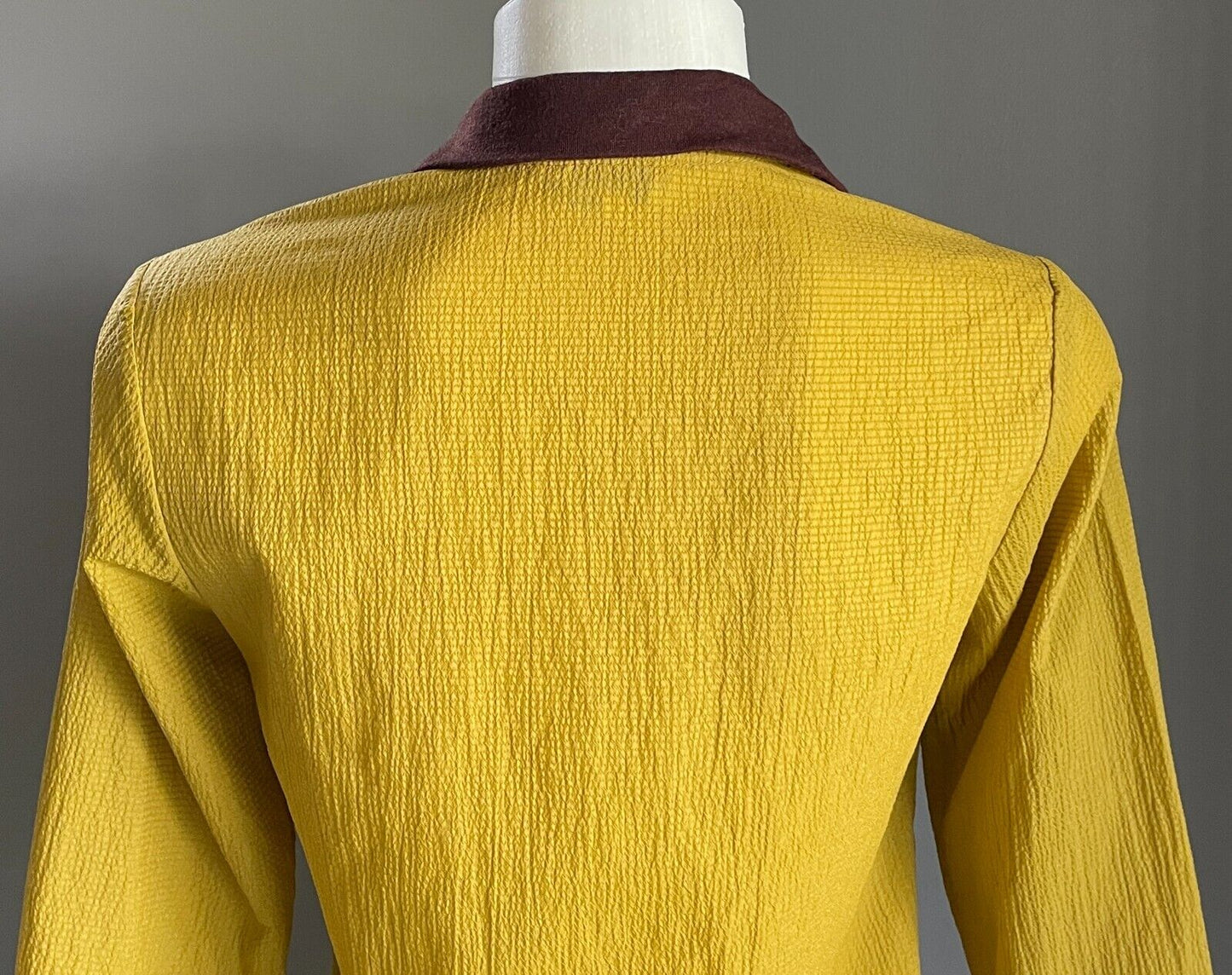MOTE DE FEMME Mustard Brown Seersucker 3/4 Sleeve Snap Front Top 36 AU 8