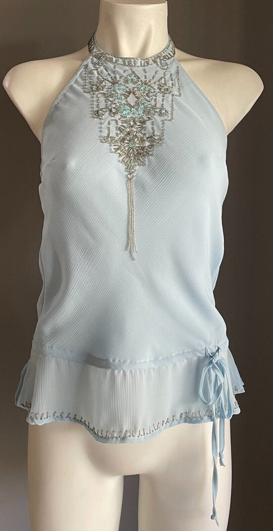 I S Beaded Top Light Blue Halter Neck Hip Tie Blouse Sequins Embellishment 8 10