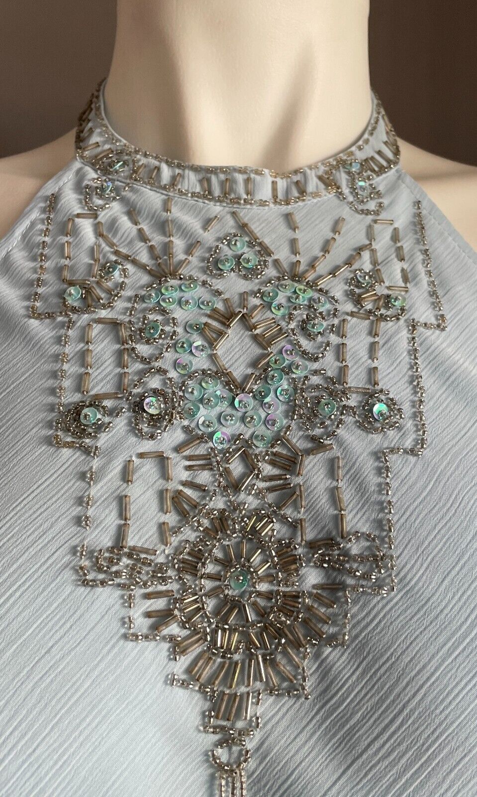 I S Beaded Top Light Blue Halter Neck Hip Tie Blouse Sequins Embellishment 8 10