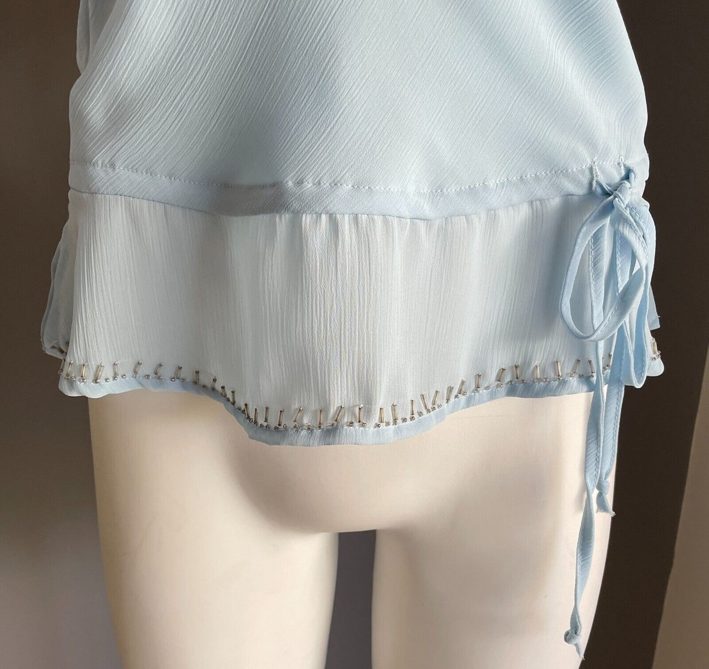 I S Beaded Top Light Blue Halter Neck Hip Tie Blouse Sequins Embellishment 8 10