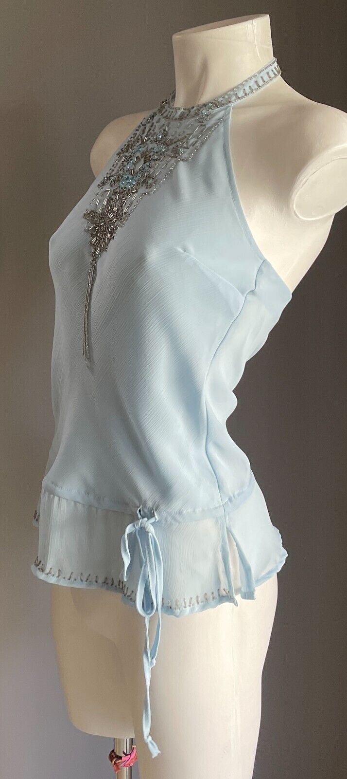 I S Beaded Top Light Blue Halter Neck Hip Tie Blouse Sequins Embellishment 8 10