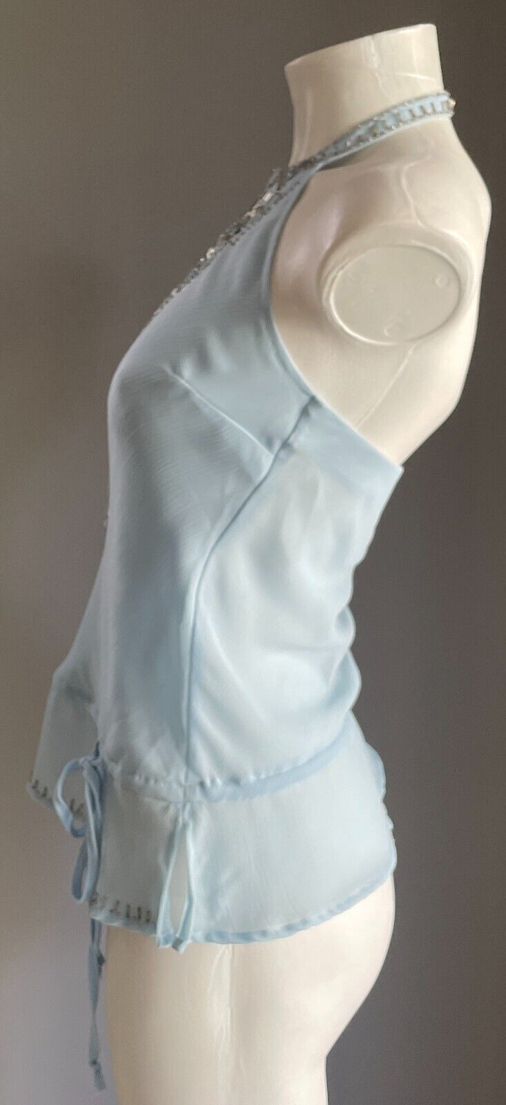 I S Beaded Top Light Blue Halter Neck Hip Tie Blouse Sequins Embellishment 8 10